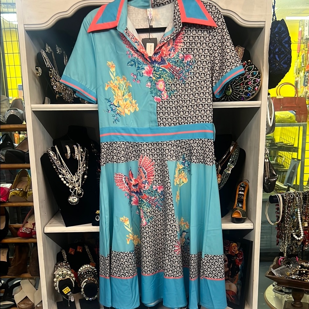 Floral Patterned Dress with Blue and Pink Accents